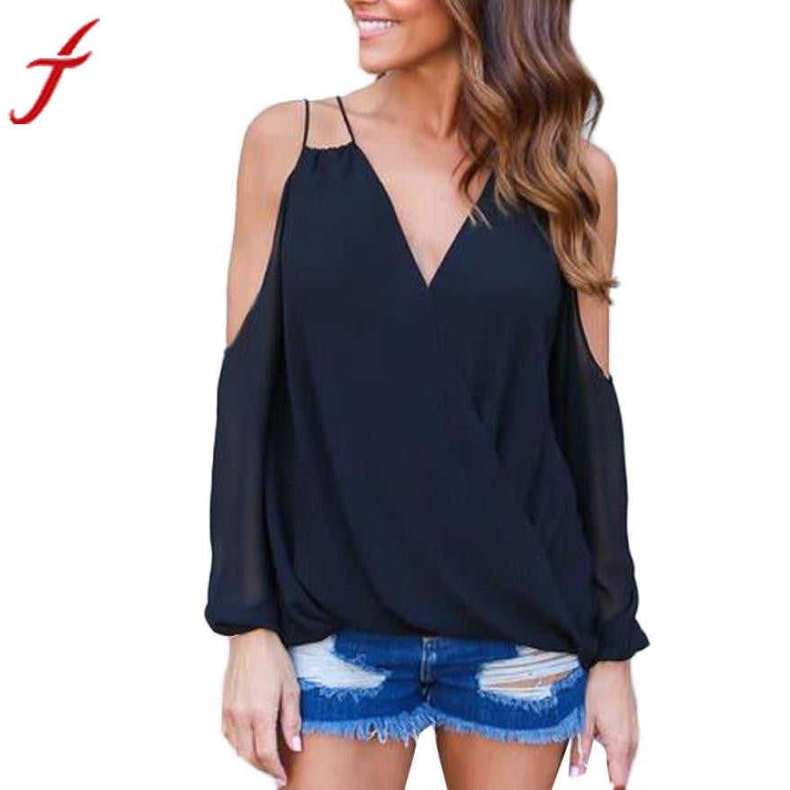 Blusa de gasa, elegante y casual, hombros con tirantes y manga larga.