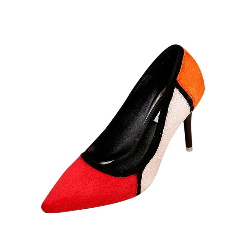 Women's Spring Casual Pointed Toe Shoes Flock Patchwork High-Heeled Shoes