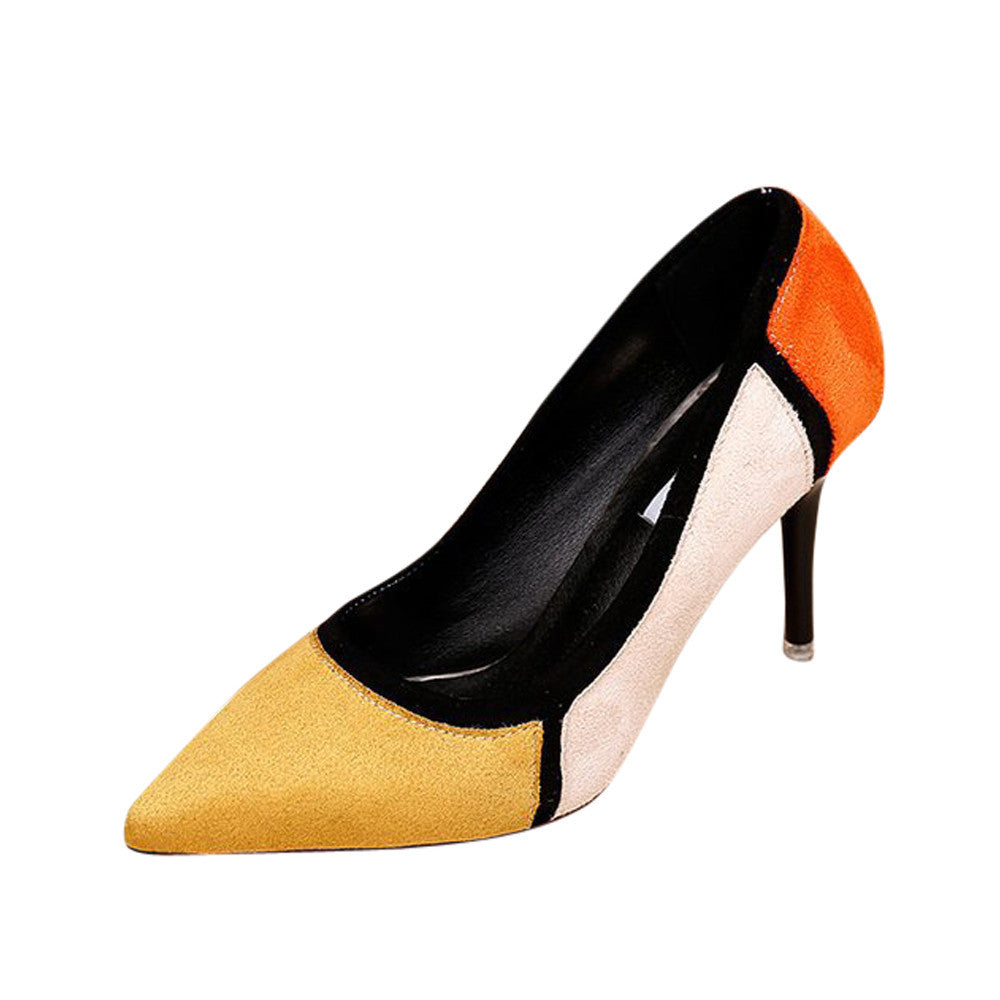 Women's Spring Casual Pointed Toe Shoes Flock Patchwork High-Heeled Shoes