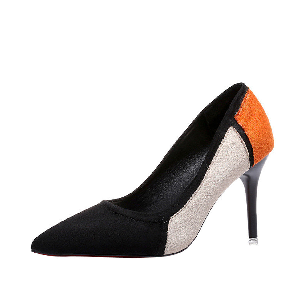Women's Spring Casual Pointed Toe Shoes Flock Patchwork High-Heeled Shoes