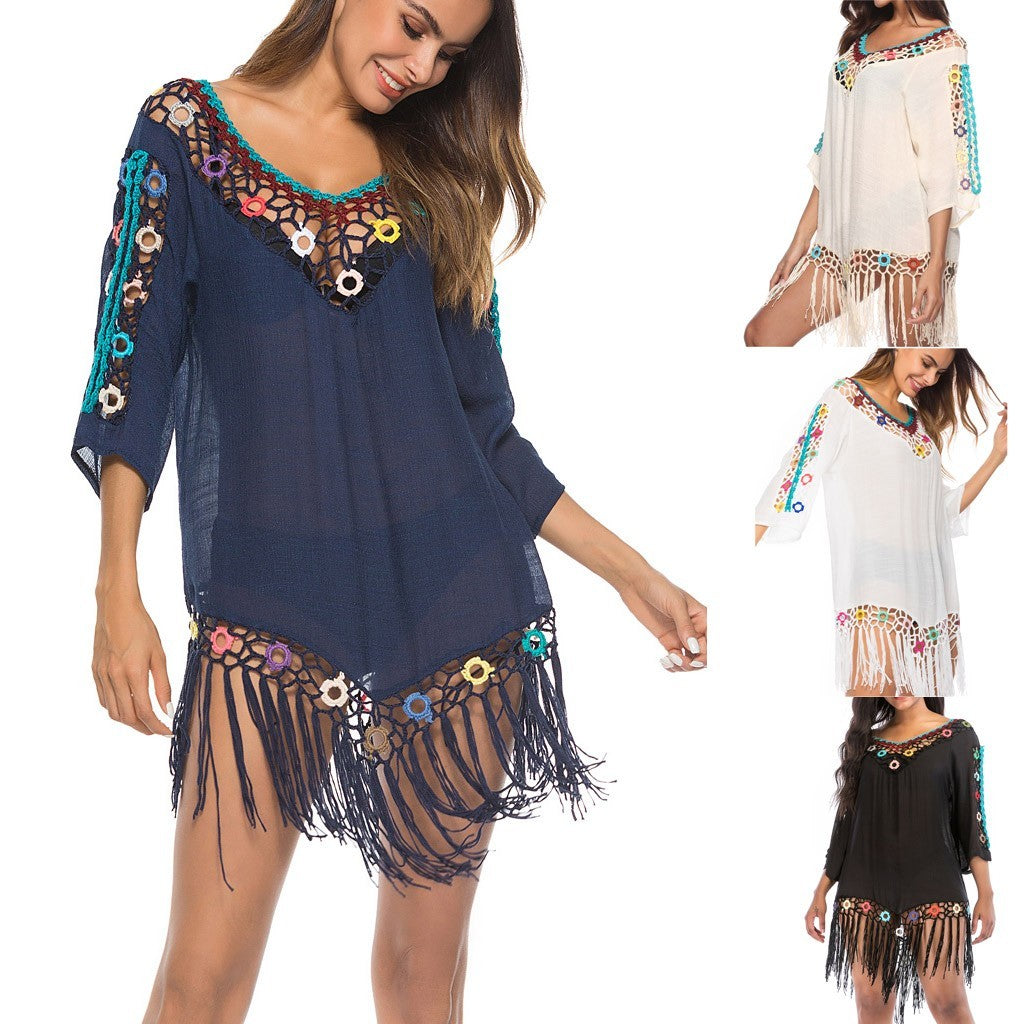 Sexy Tassel Crochet Beach Cover Up Open Summer Beach Dress Swimwear Cover Up